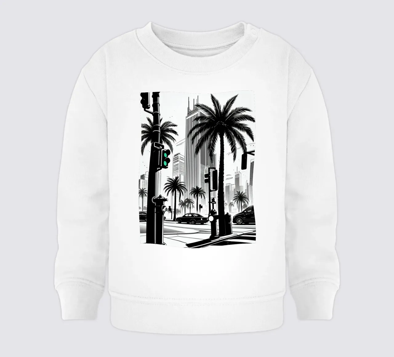 Intersezione di una strada cittadina con palme ed edifici felpa neonato da DesignDoodle