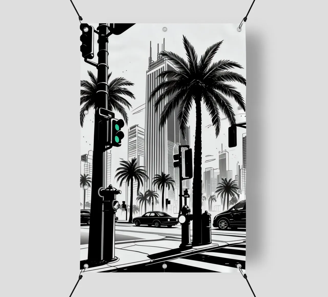 Intersezione di una strada cittadina con palme ed edifici telo in pvc da DesignDoodle