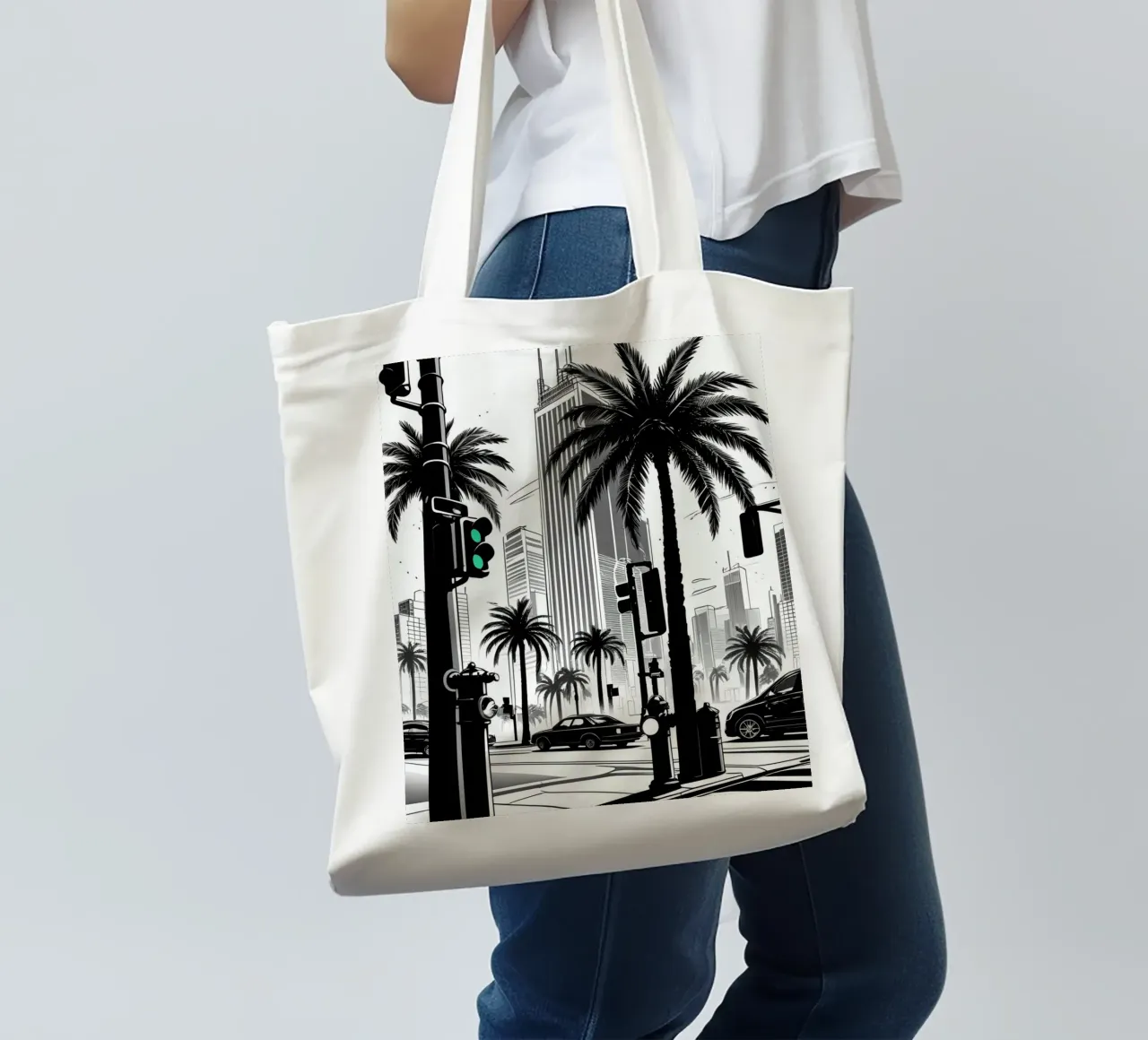 Intersezione di una strada cittadina con palme ed edifici borsa in juta da DesignDoodle