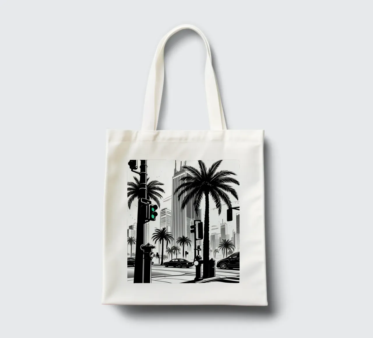 Intersezione di una strada cittadina con palme ed edifici borsa in juta da DesignDoodle