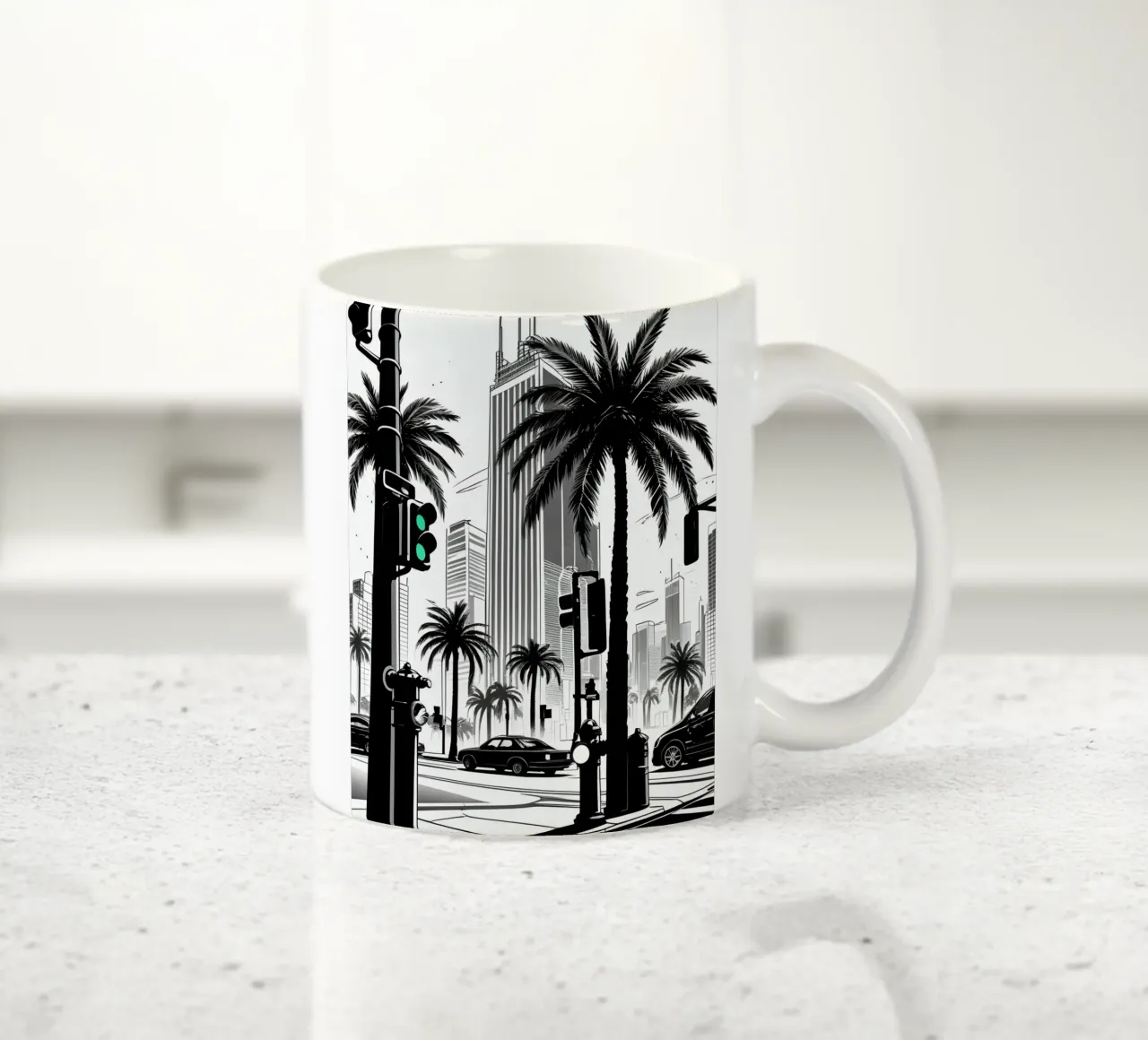 Intersezione di una strada cittadina con palme ed edifici tazza in ceramica da DesignDoodle