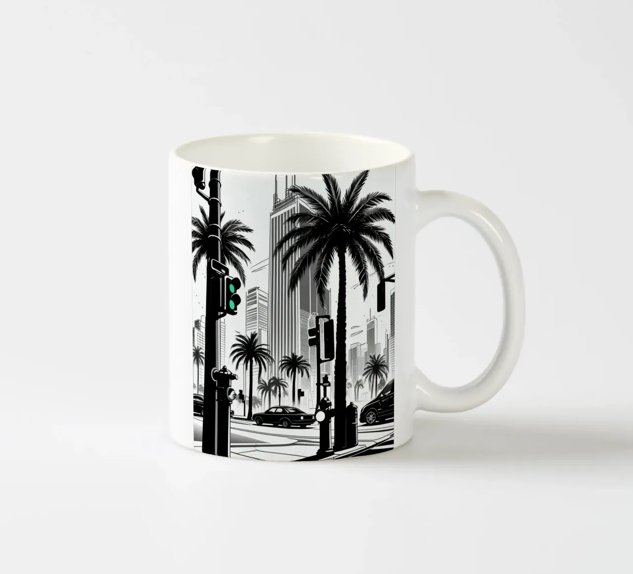 Intersezione di una strada cittadina con palme ed edifici tazza in ceramica da DesignDoodle