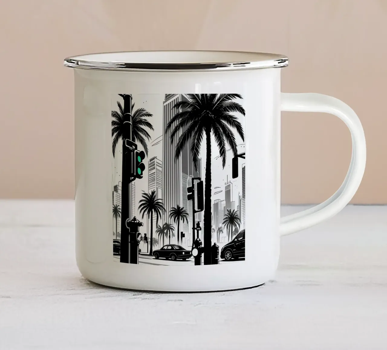 Intersezione di una strada cittadina con palme ed edifici tazza in smalto da DesignDoodle