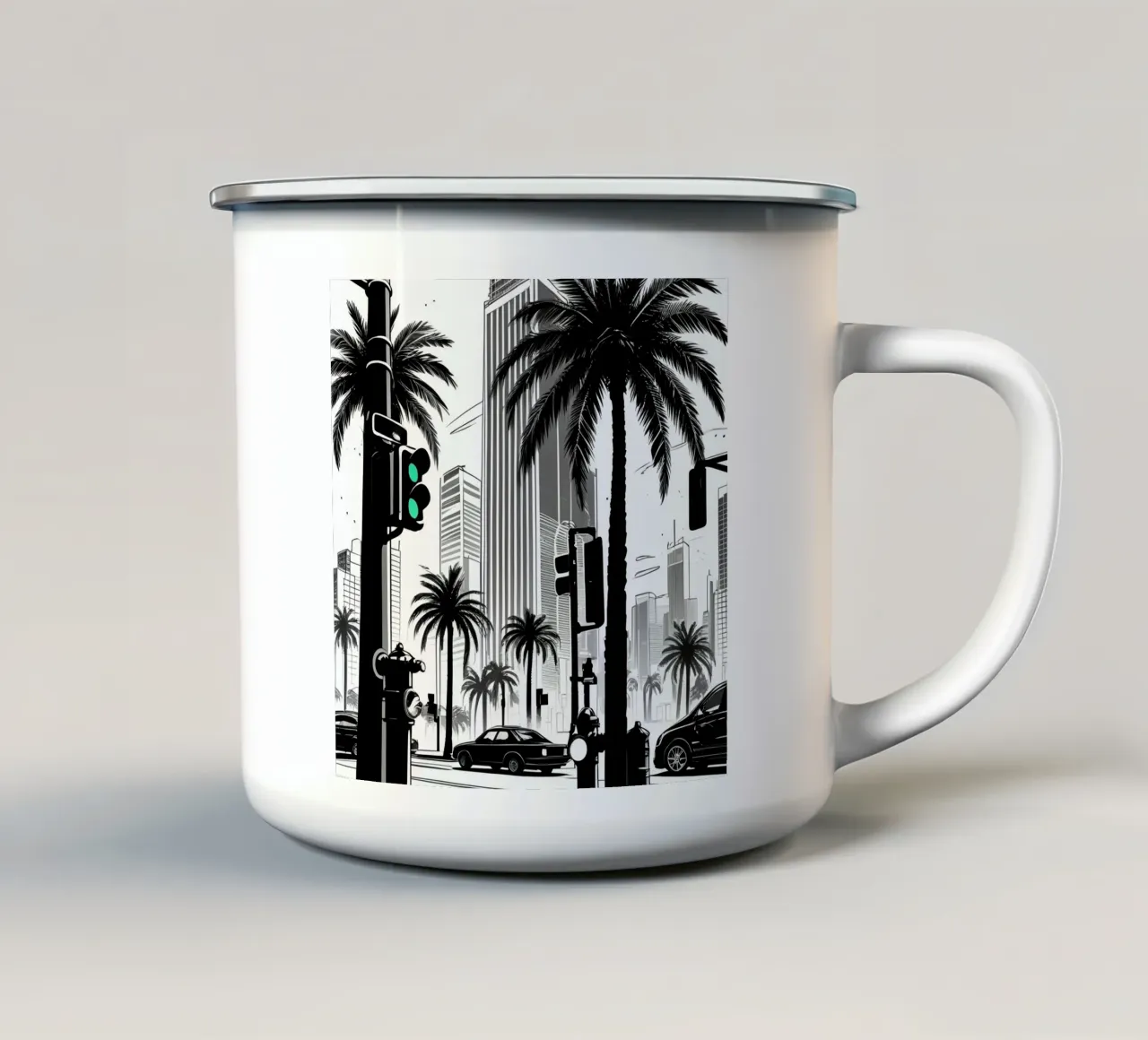 Intersezione di una strada cittadina con palme ed edifici tazza in smalto da DesignDoodle