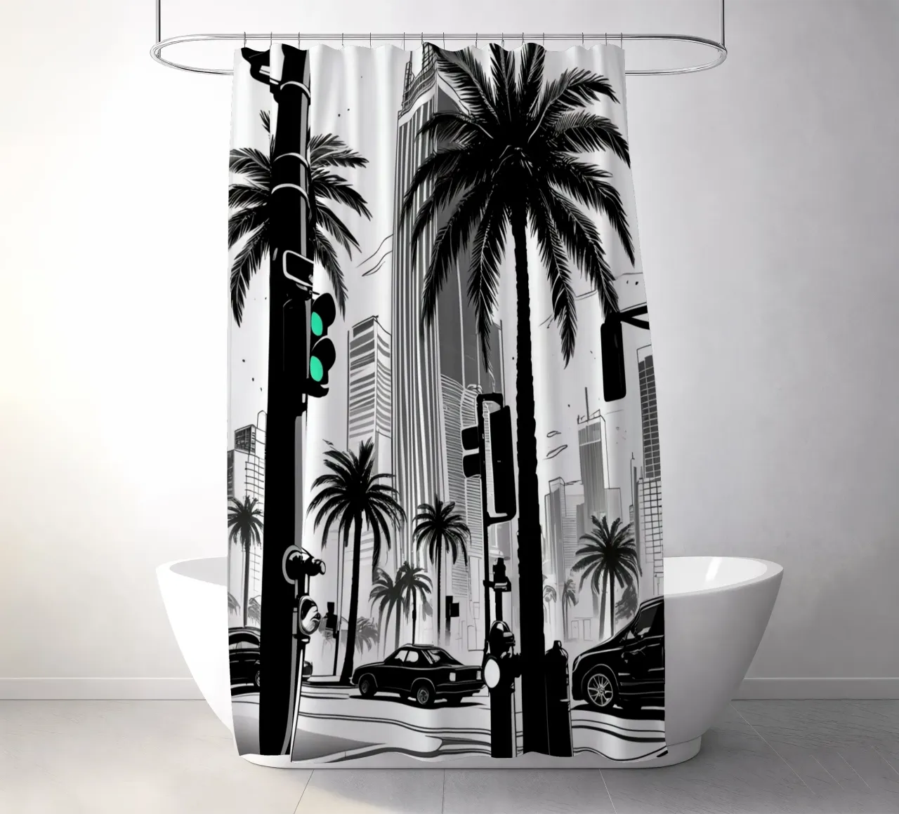 Intersezione di una strada cittadina con palme ed edifici tenda da doccia da DesignDoodle