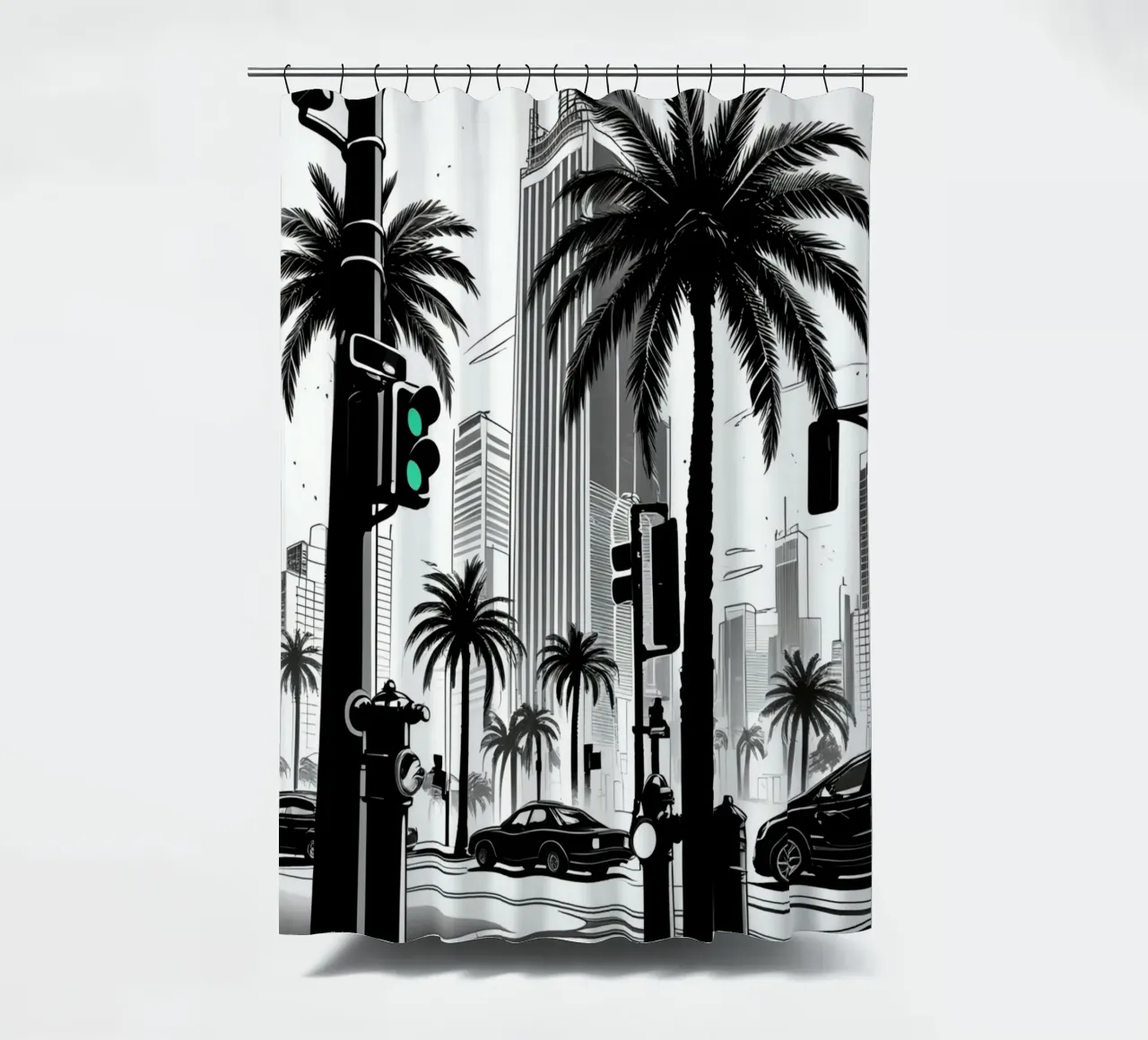Intersezione di una strada cittadina con palme ed edifici tenda da doccia da DesignDoodle