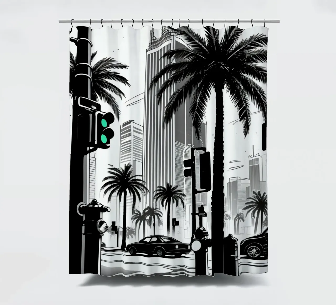 Intersezione di una strada cittadina con palme ed edifici tenda da doccia da DesignDoodle