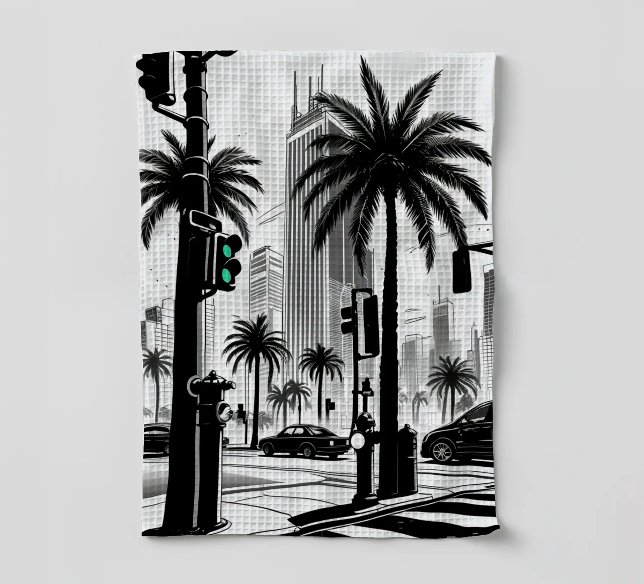Intersezione di una strada cittadina con palme ed edifici canovaccio da cucina da DesignDoodle