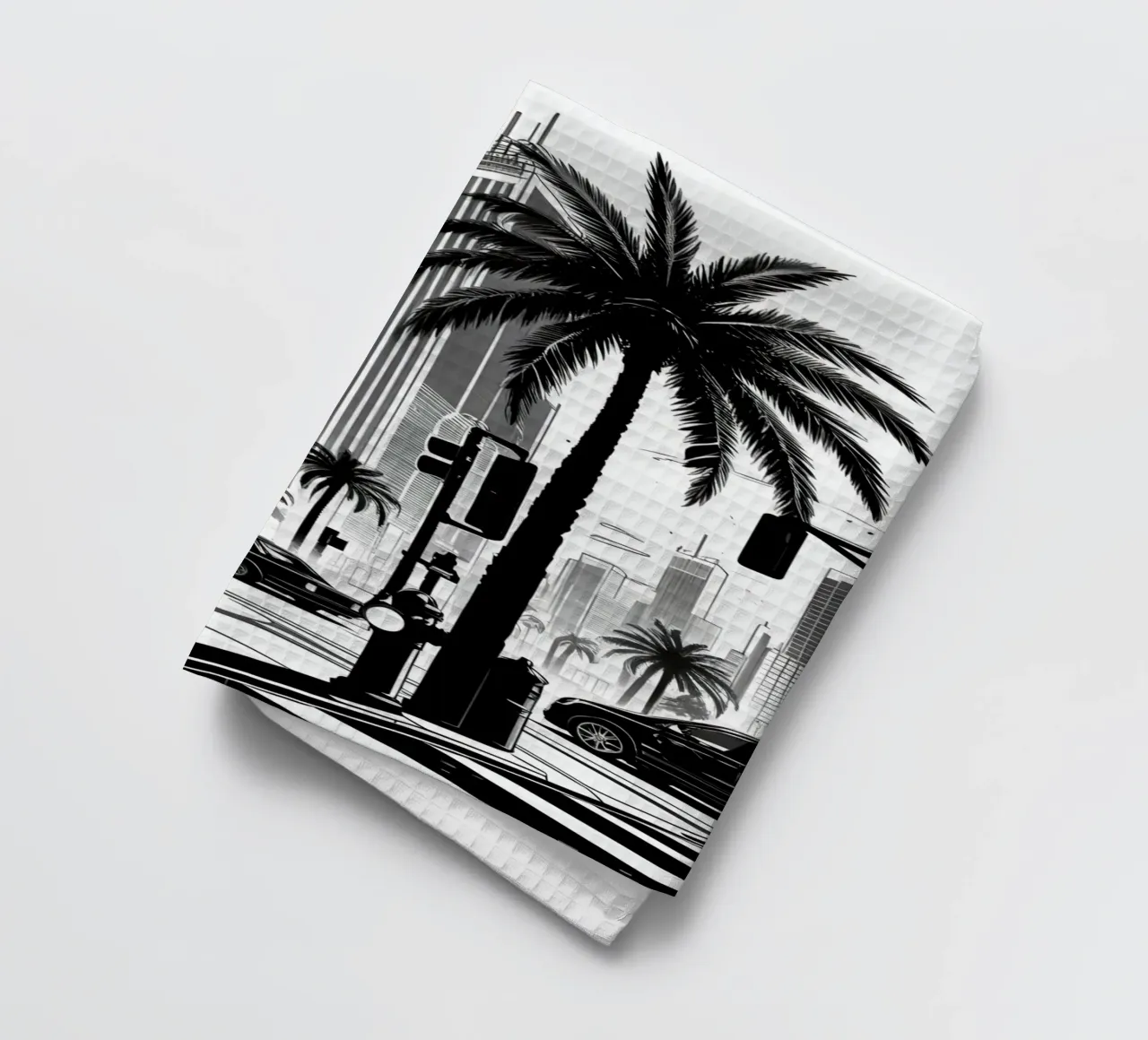 Intersezione di una strada cittadina con palme ed edifici canovaccio da cucina da DesignDoodle