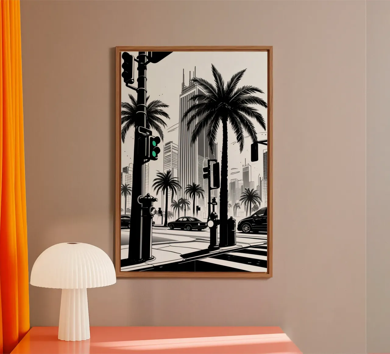 Intersezione di una strada cittadina con palme ed edifici alluminio dibond da DesignDoodle