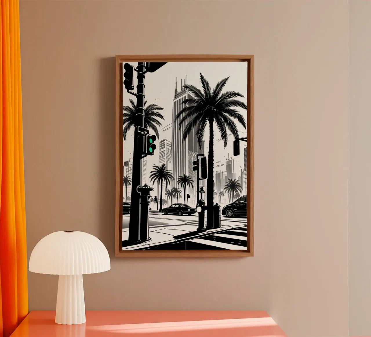 Intersezione di una strada cittadina con palme ed edifici tela da DesignDoodle