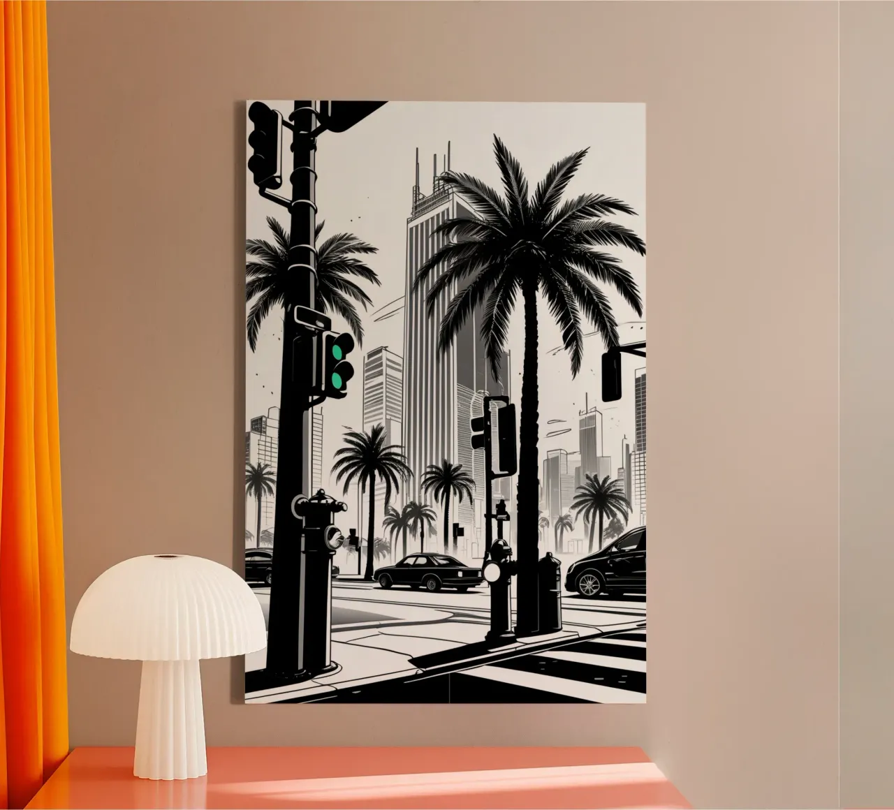Intersezione di una strada cittadina con palme ed edifici tela da DesignDoodle