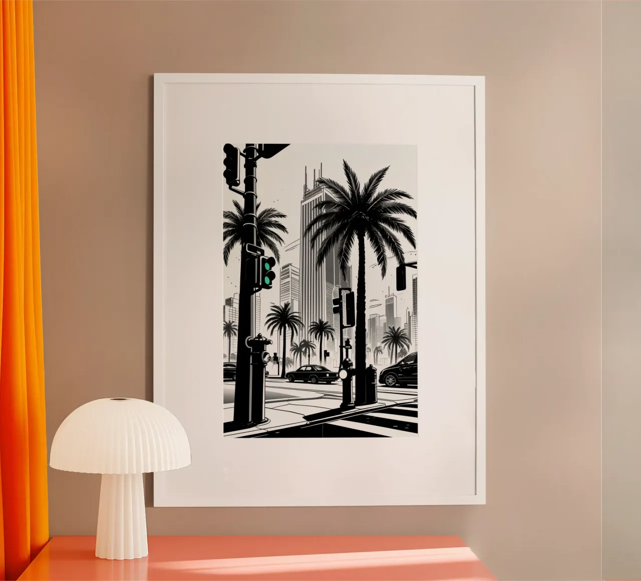 Intersezione di una strada cittadina con palme ed edifici carta hahnemühle da DesignDoodle