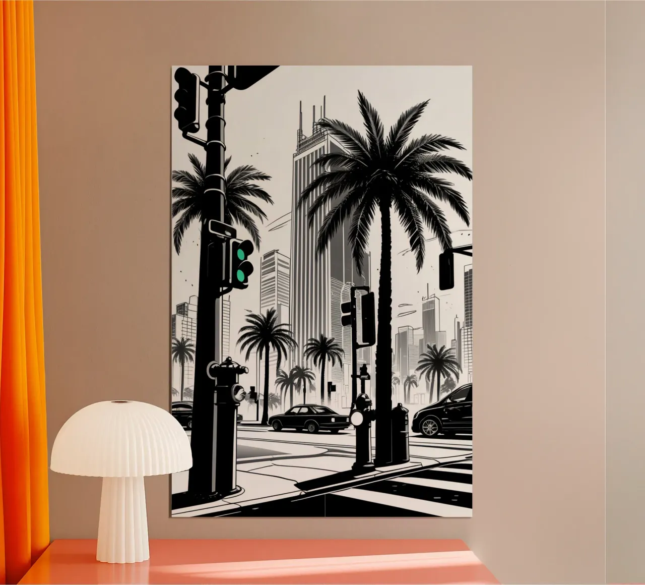 Intersezione di una strada cittadina con palme ed edifici carta hahnemühle da DesignDoodle