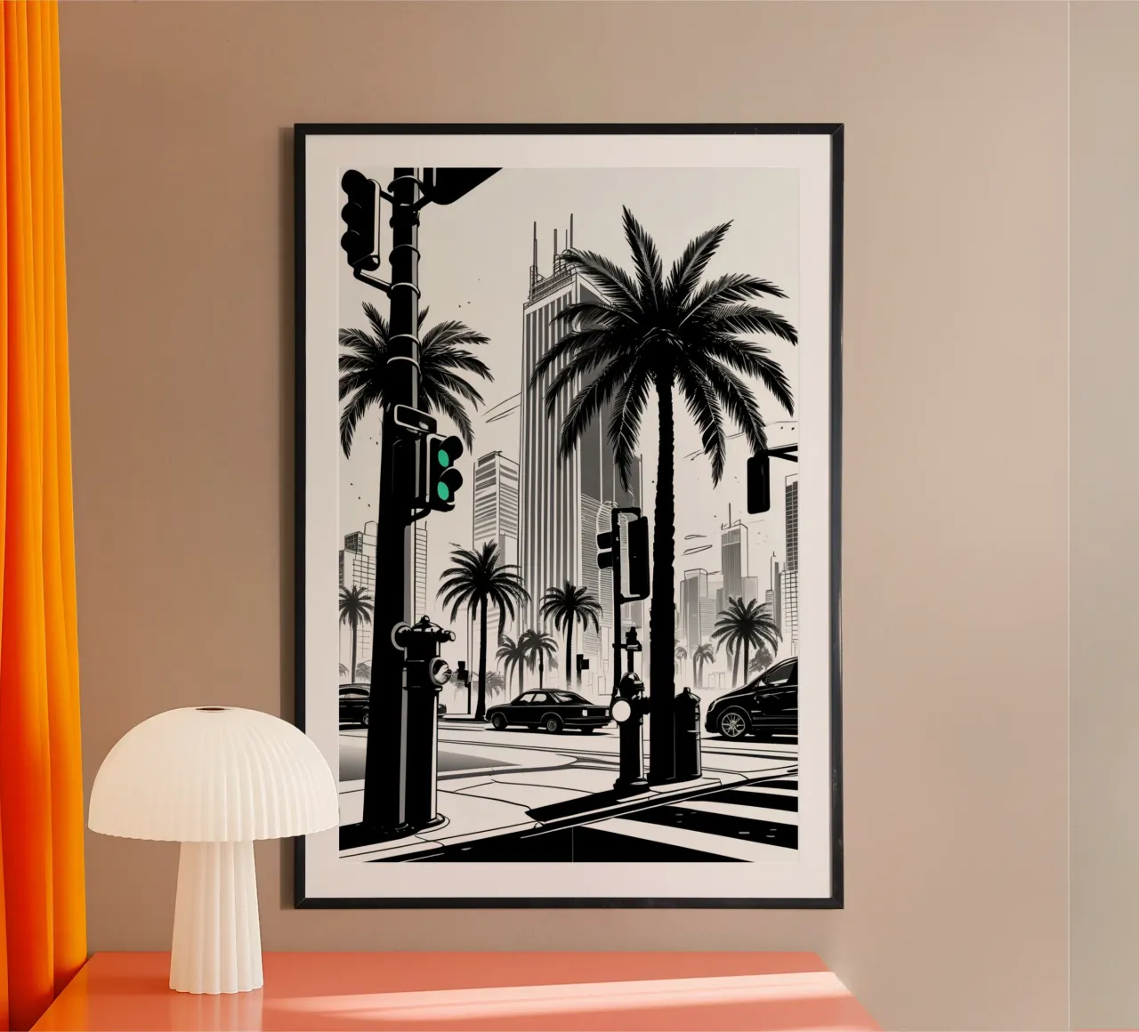Intersezione di una strada cittadina con palme ed edifici carta hahnemühle da DesignDoodle