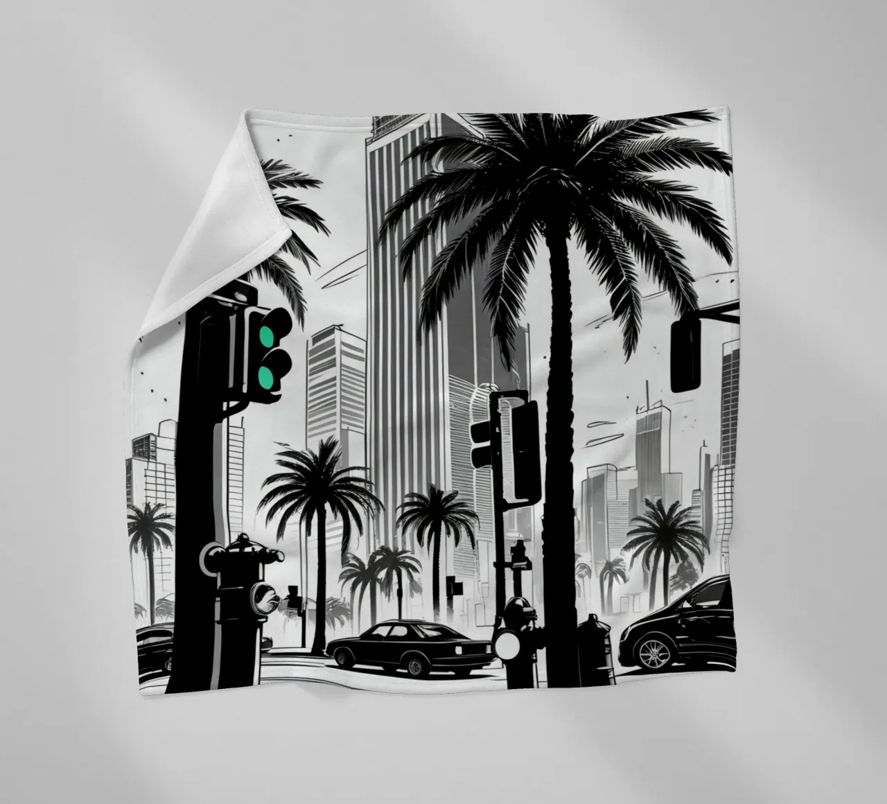 Intersezione di una strada cittadina con palme ed edifici coperta in pile da DesignDoodle