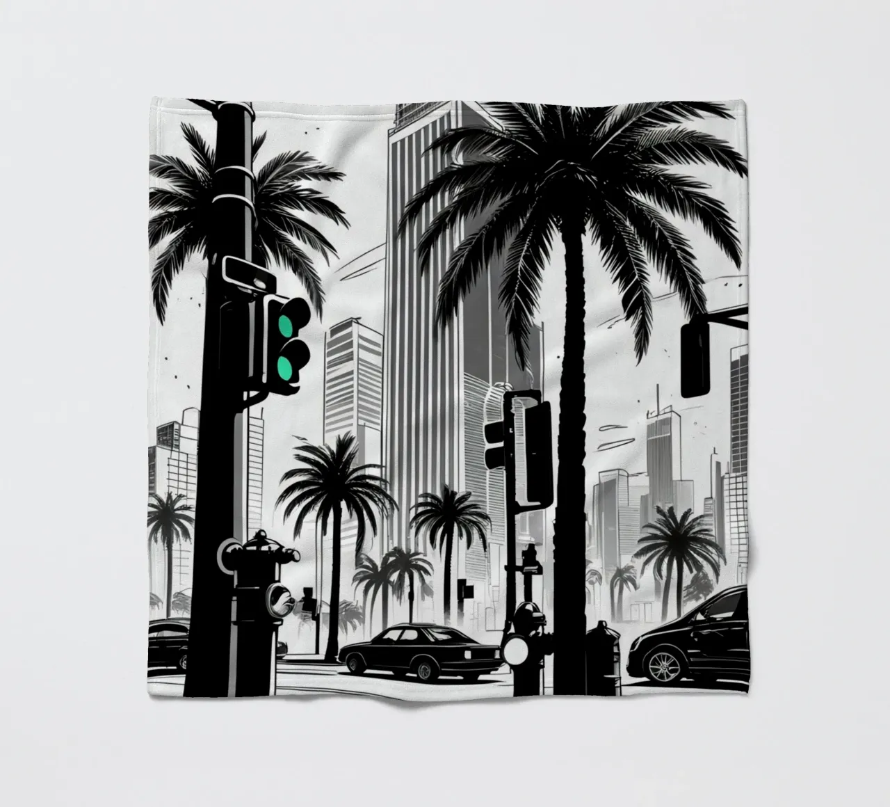 Intersezione di una strada cittadina con palme ed edifici coperta in pile da DesignDoodle