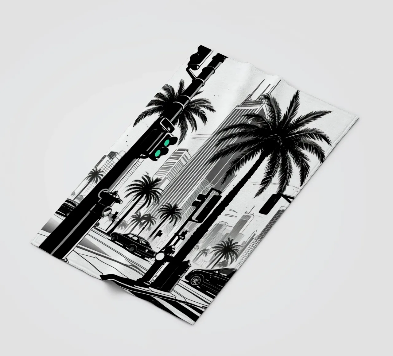 Intersezione di una strada cittadina con palme ed edifici coperta in pile da DesignDoodle