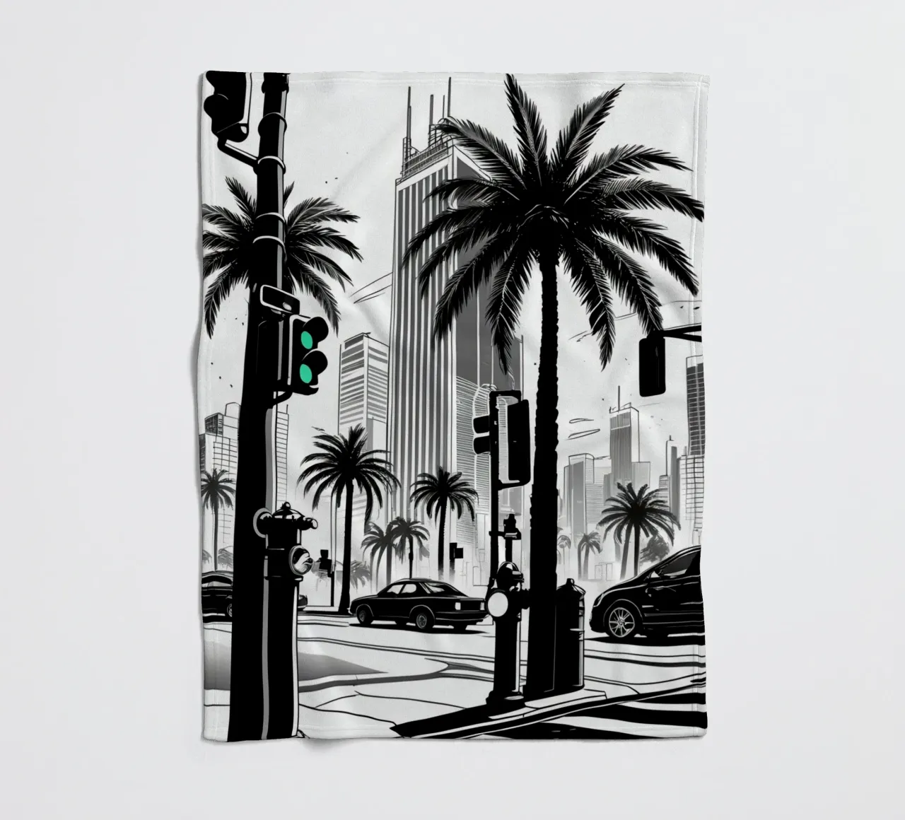 Intersezione di una strada cittadina con palme ed edifici coperta in pile da DesignDoodle
