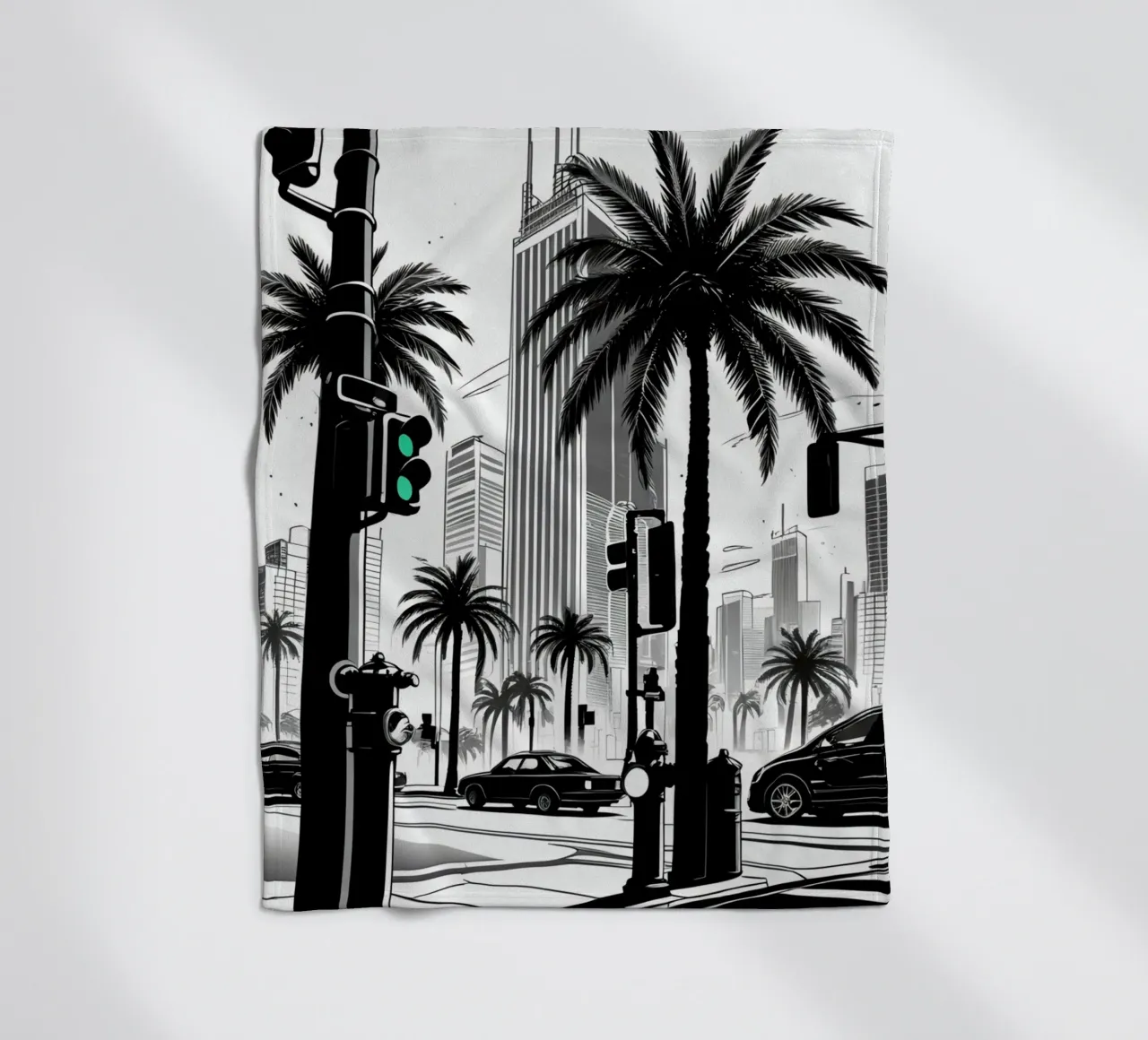 Intersezione di una strada cittadina con palme ed edifici coperta in pile da DesignDoodle