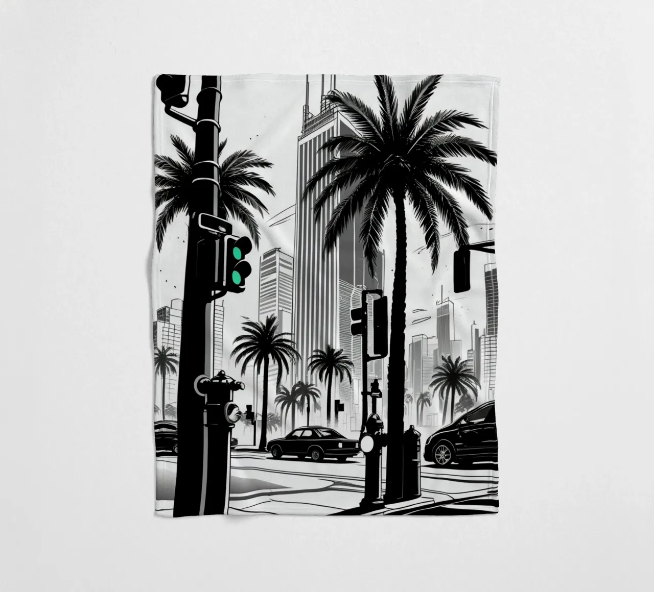 Intersezione di una strada cittadina con palme ed edifici coperta in pile da DesignDoodle