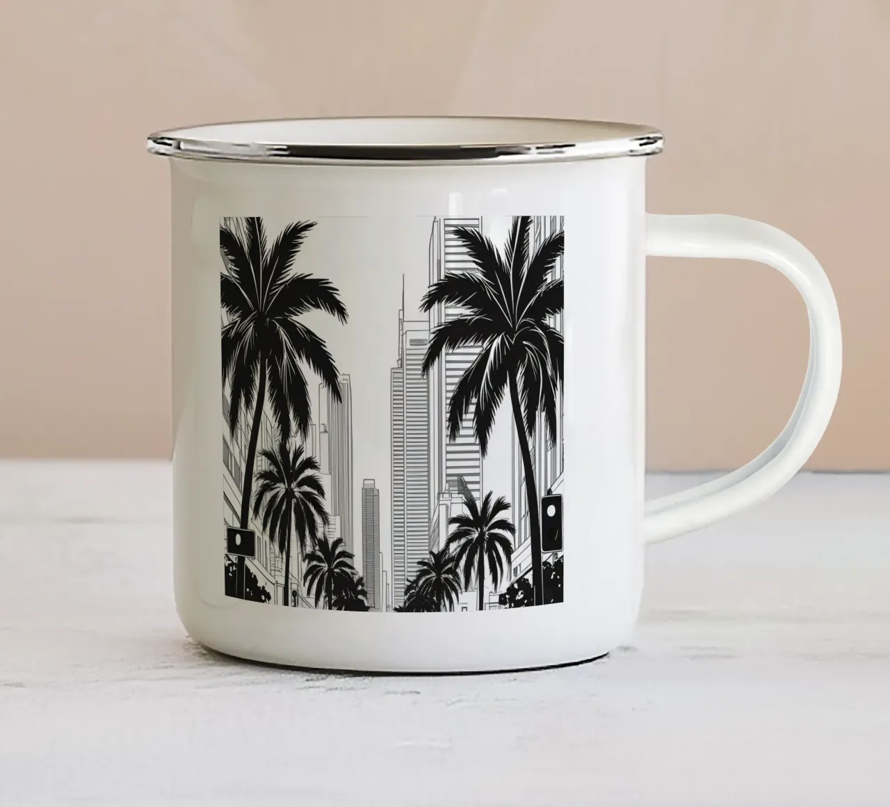 Strada cittadina con palme ed edifici tazza in smalto da DesignDoodle