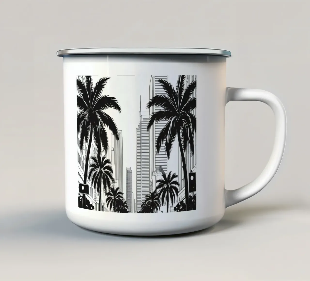 Strada cittadina con palme ed edifici tazza in smalto da DesignDoodle