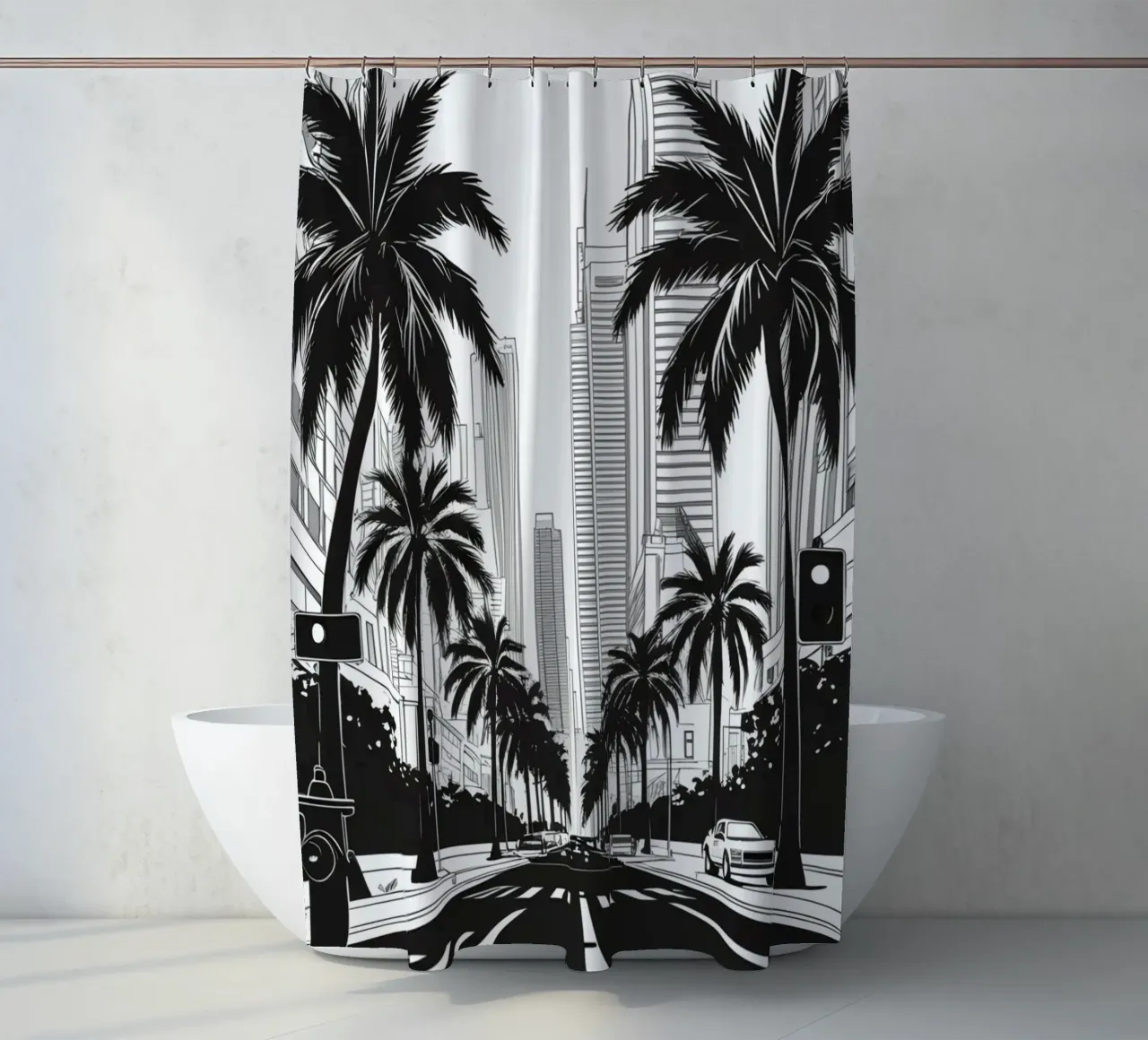 Strada cittadina con palme ed edifici tenda da doccia da DesignDoodle