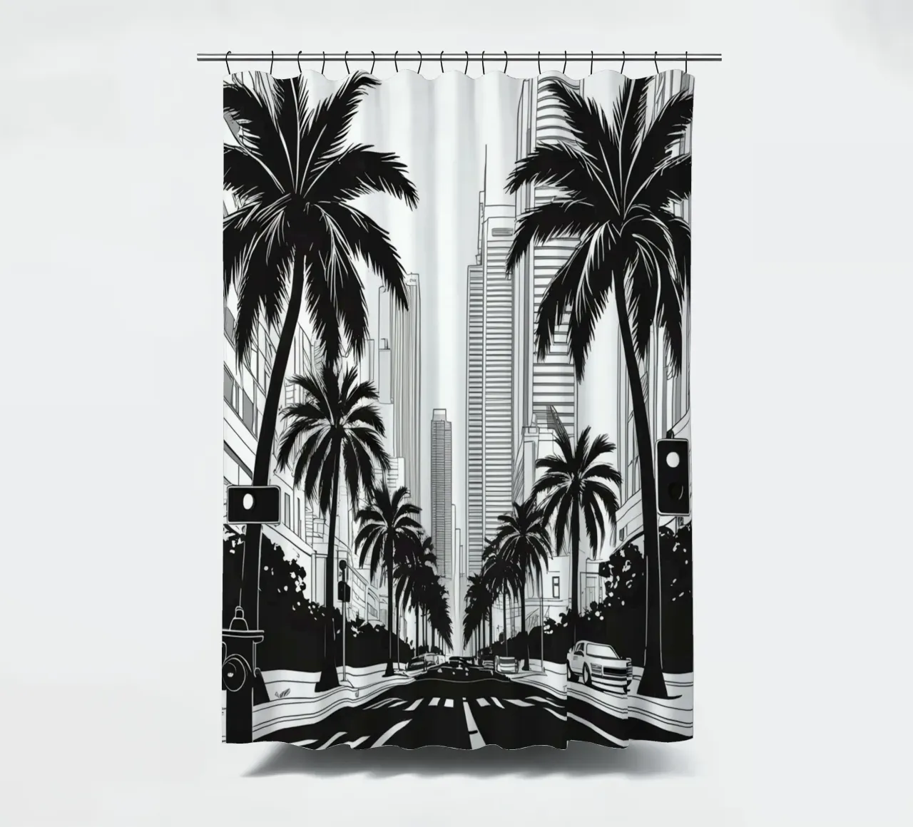 Strada cittadina con palme ed edifici tenda da doccia da DesignDoodle