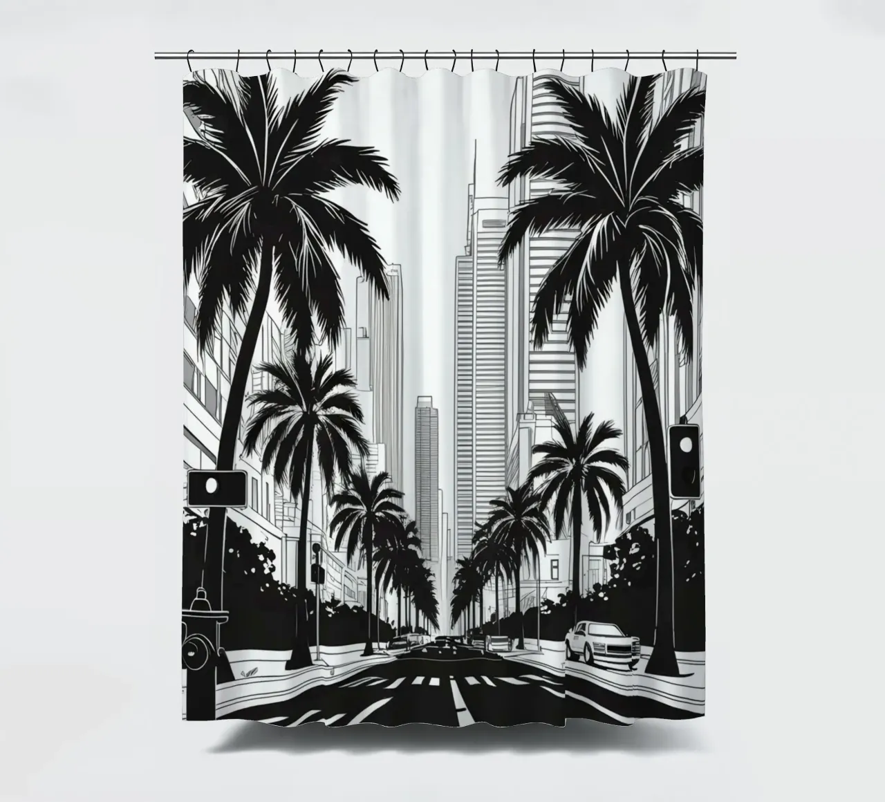 Strada cittadina con palme ed edifici tenda da doccia da DesignDoodle