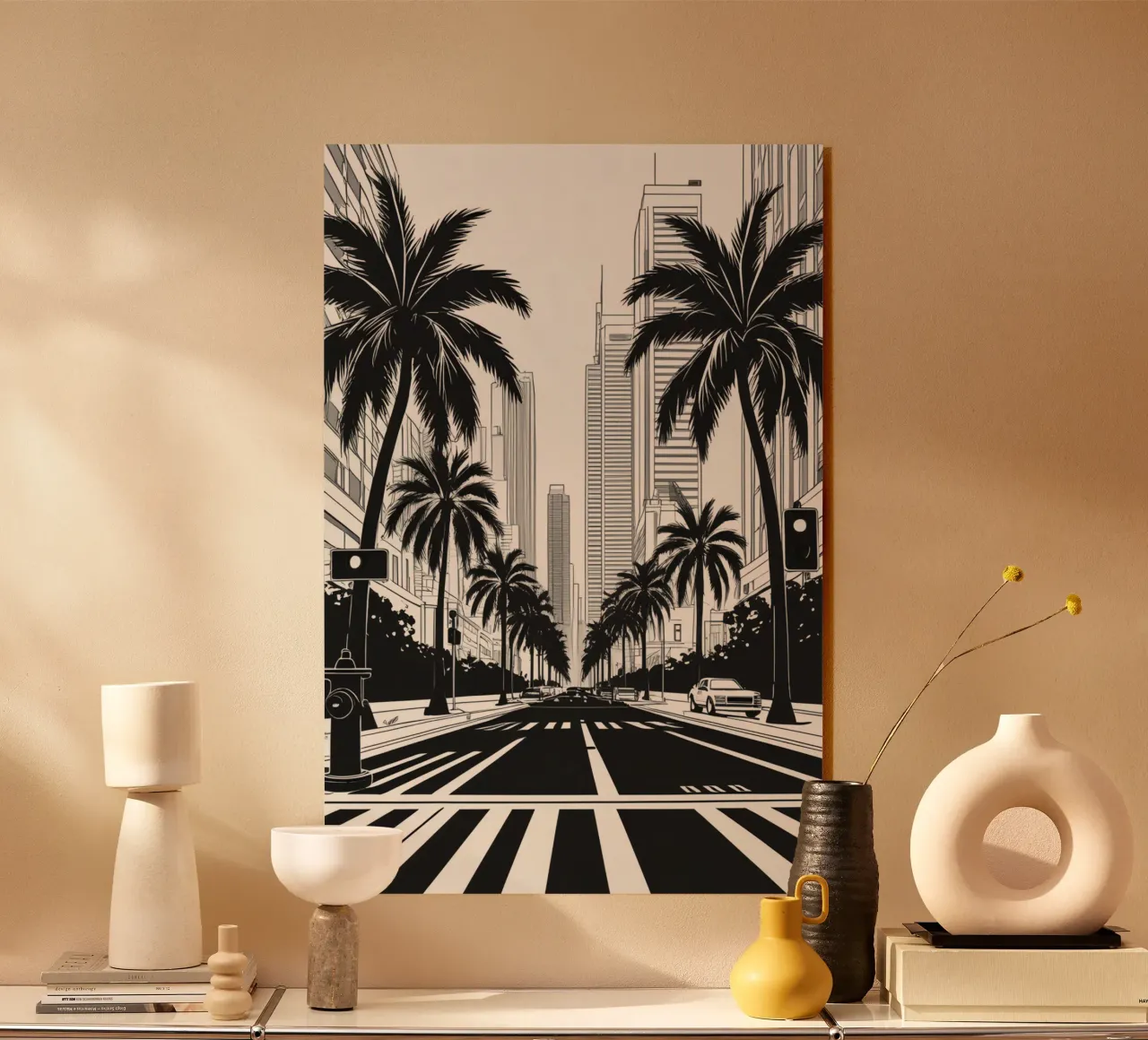 City street with palm trees and buildings plexiglass da DesignDoodle