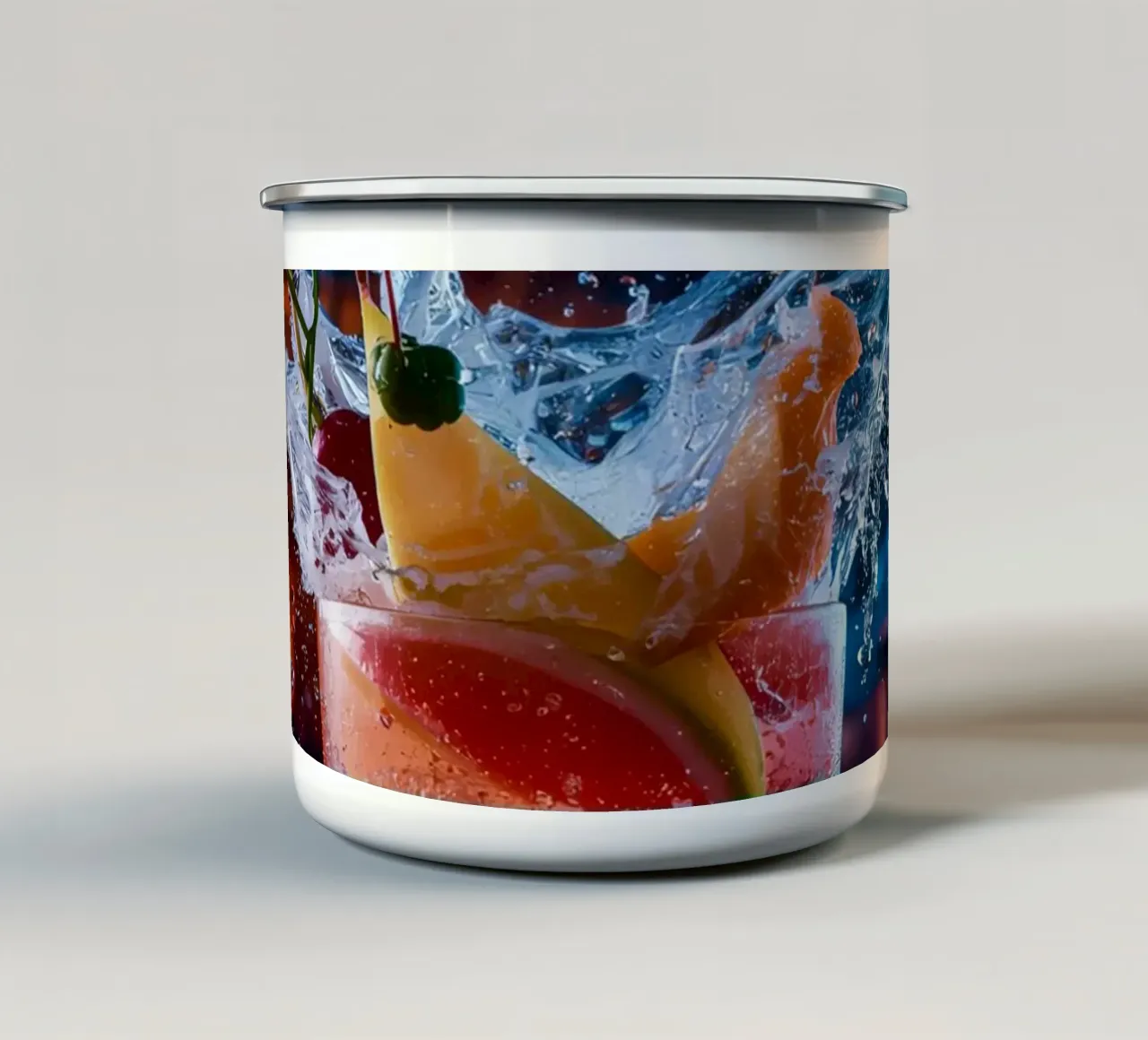 Cocktail splash con guarnizione di frutta e ghiaccio tazza in smalto da DesignDoodle