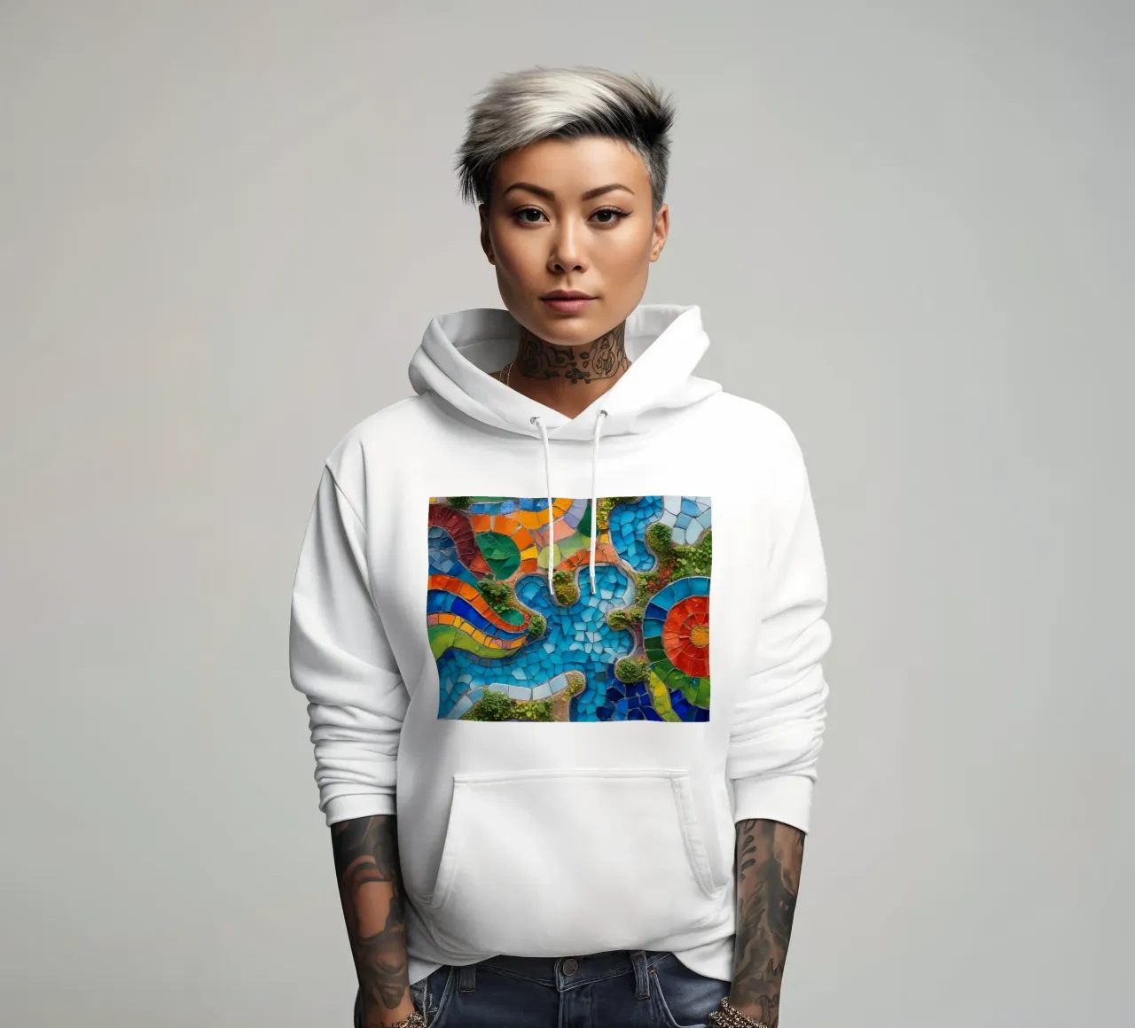 Mosaico colorato con forme organiche e verde felpa con cappuccio da DesignDoodle