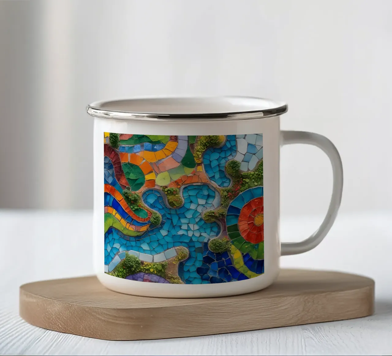 Mosaico colorato con forme organiche e verde tazza in smalto da DesignDoodle