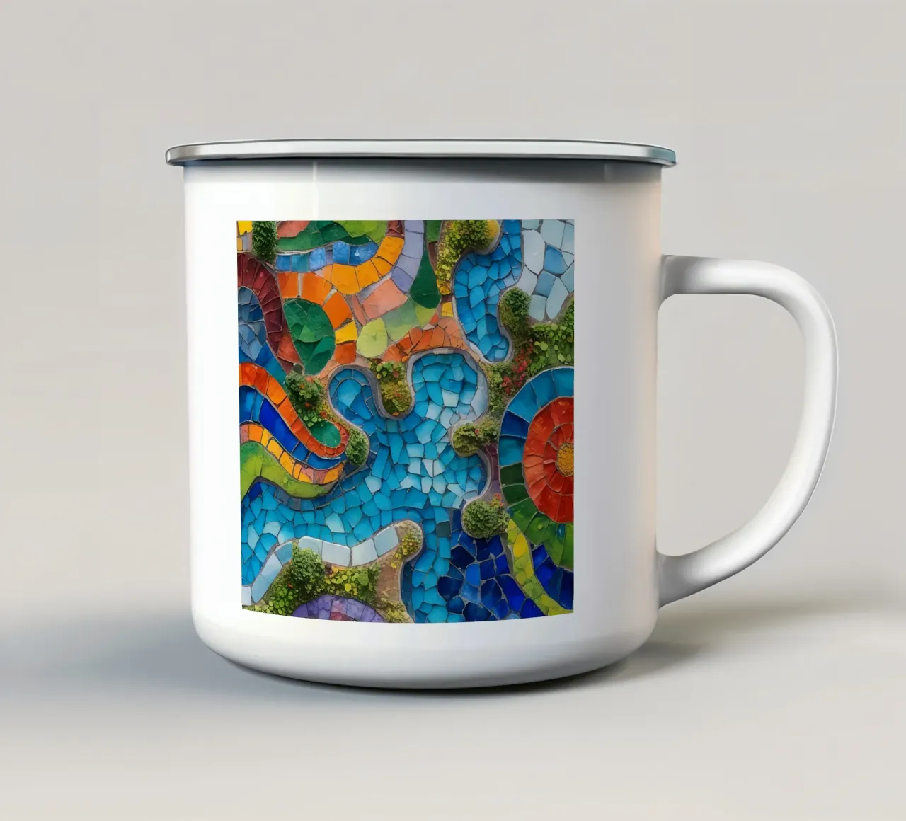 Mosaico colorato con forme organiche e verde tazza in smalto da DesignDoodle