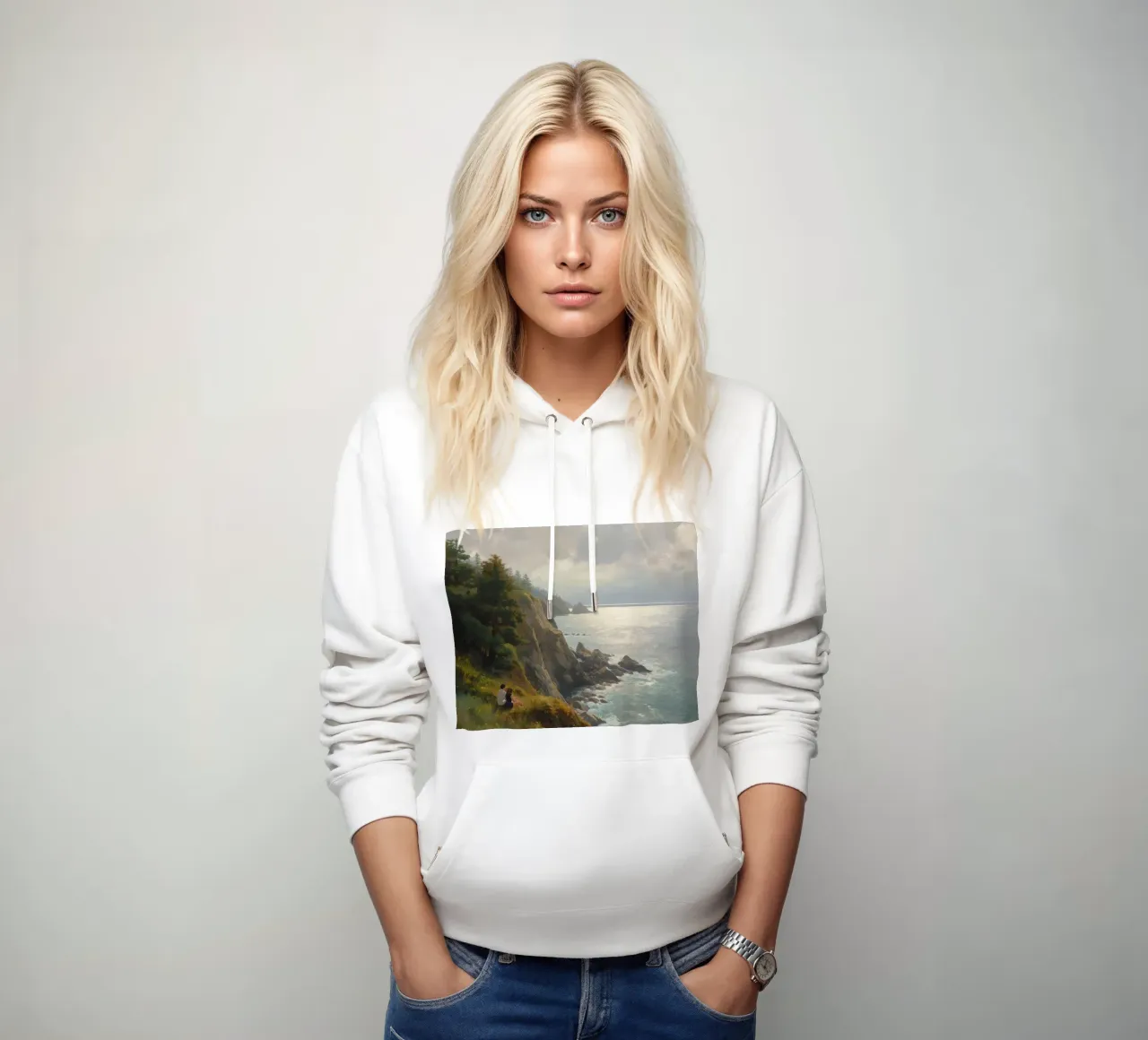 Coppia seduta su una scogliera con vista sull'oceano felpa con cappuccio da DesignDoodle