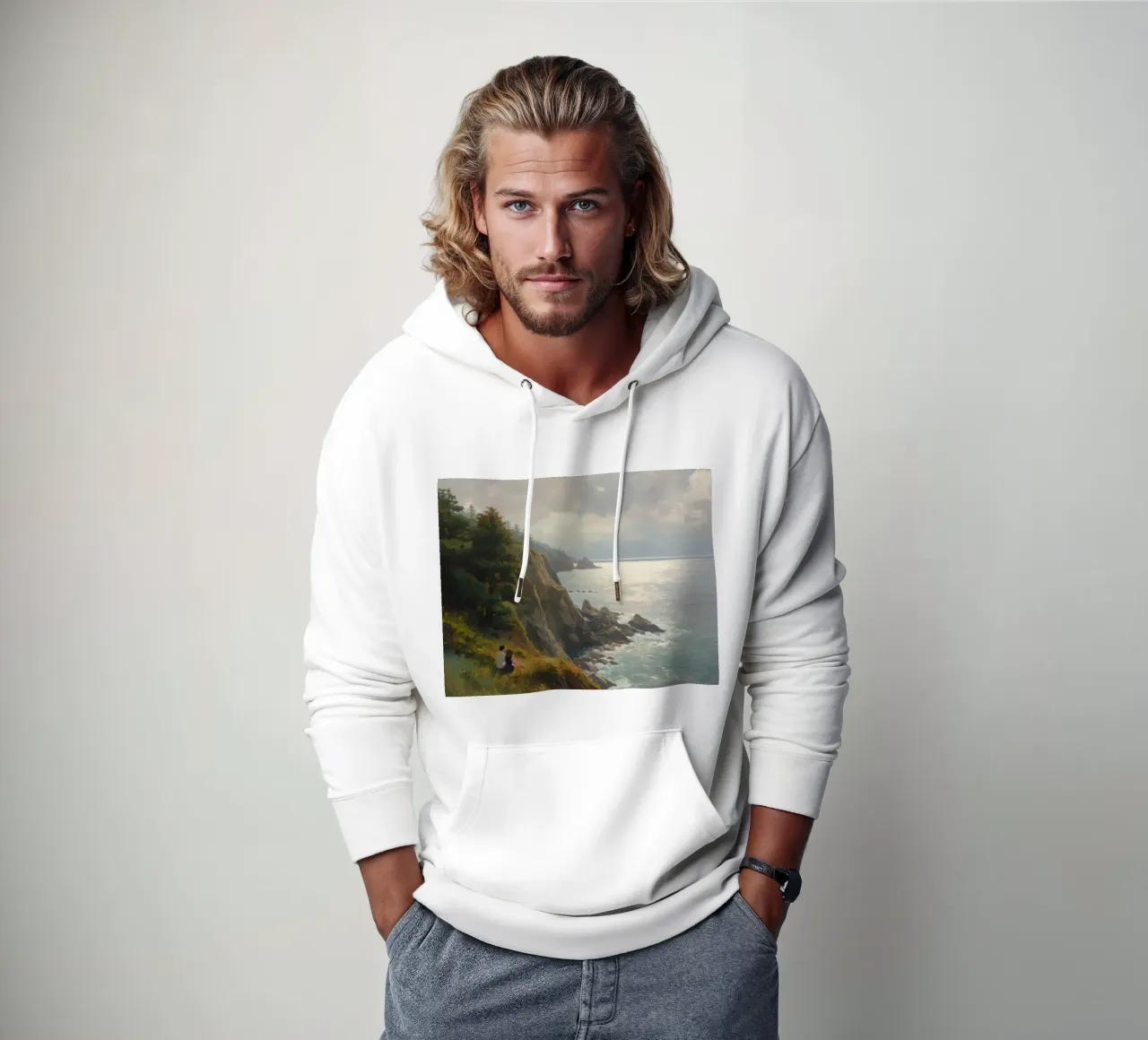 Coppia seduta su una scogliera con vista sull'oceano felpa con cappuccio da DesignDoodle