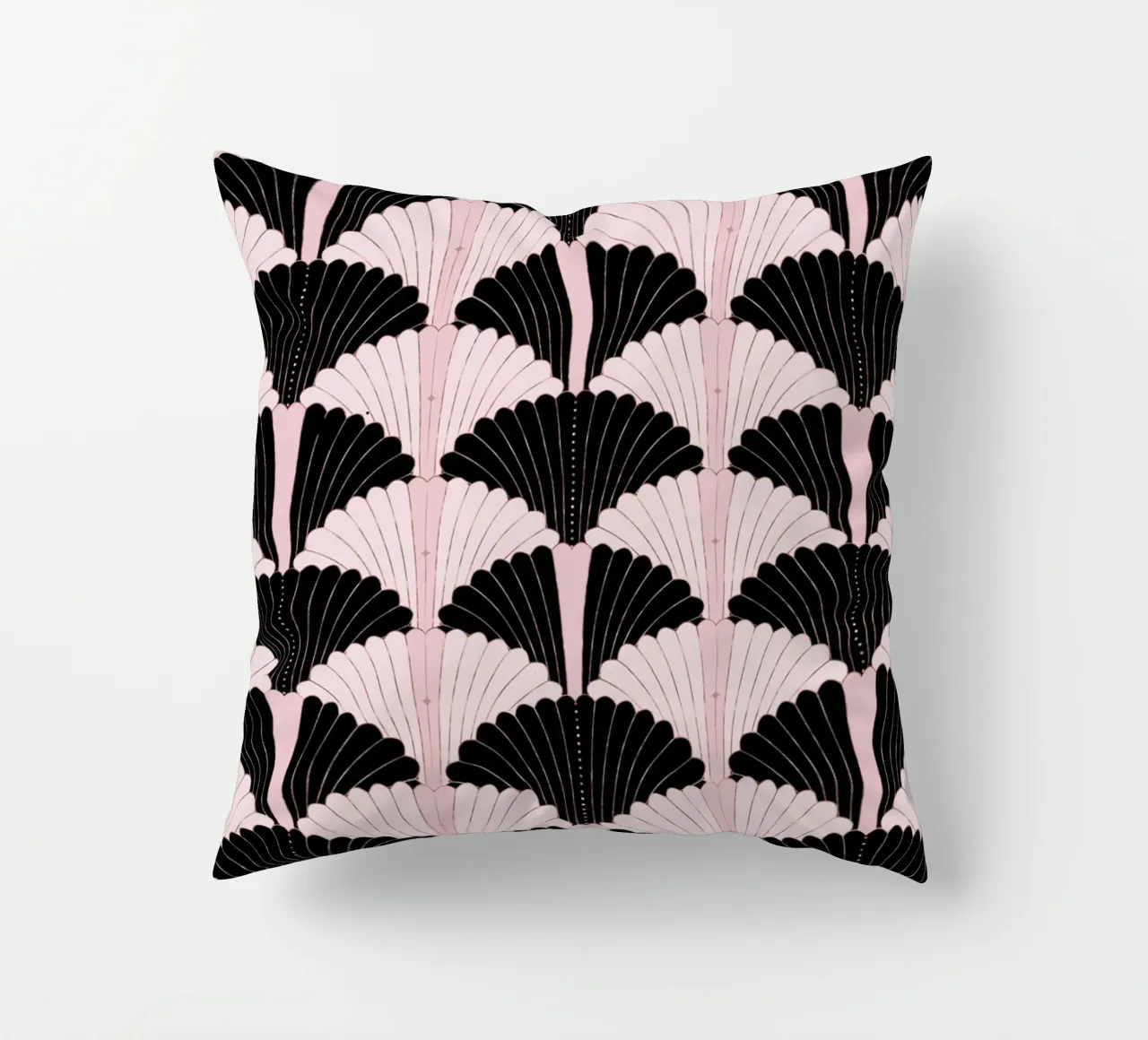 Art Deco pattern in black and light pink. With gold shimmer decorative cushion by CalliLetters