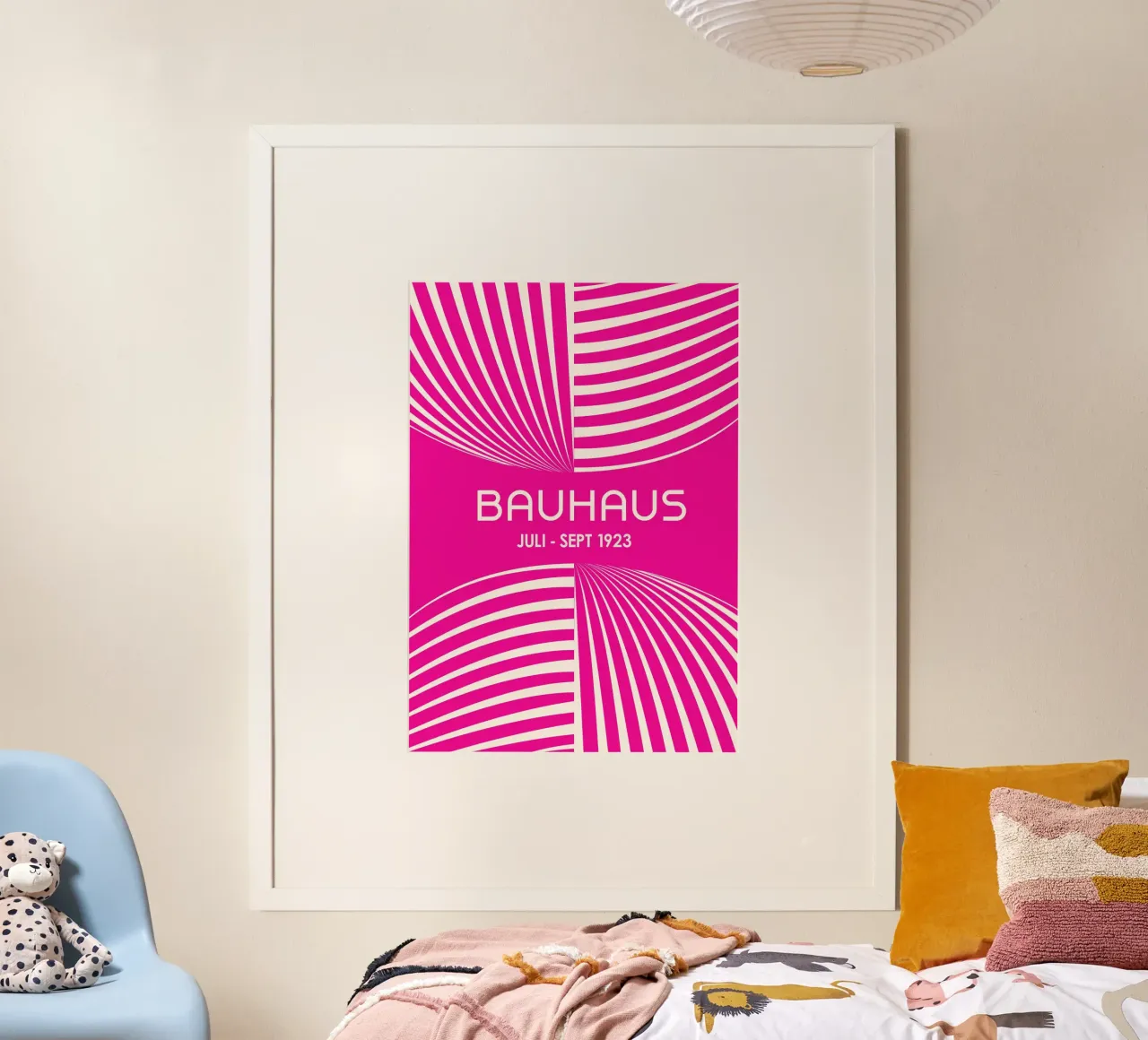 Bauhaus Op Art Print | Strisce geometriche bianche e rosa caldo Po poster da Grungeo