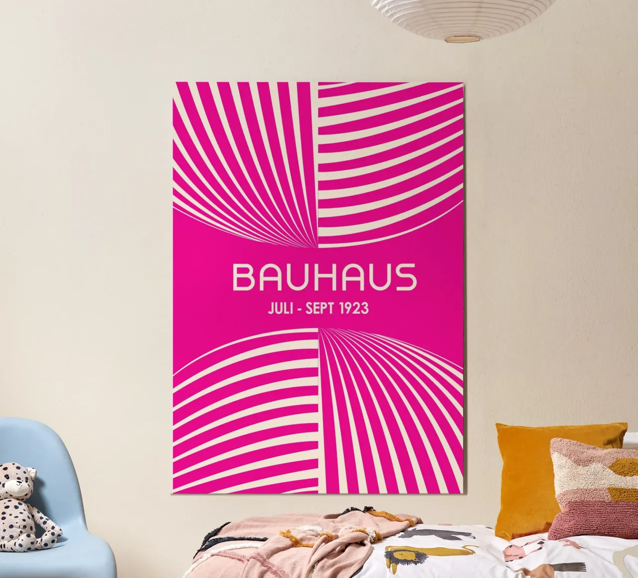 Bauhaus Op Art Print | Strisce geometriche bianche e rosa caldo Po poster da Grungeo