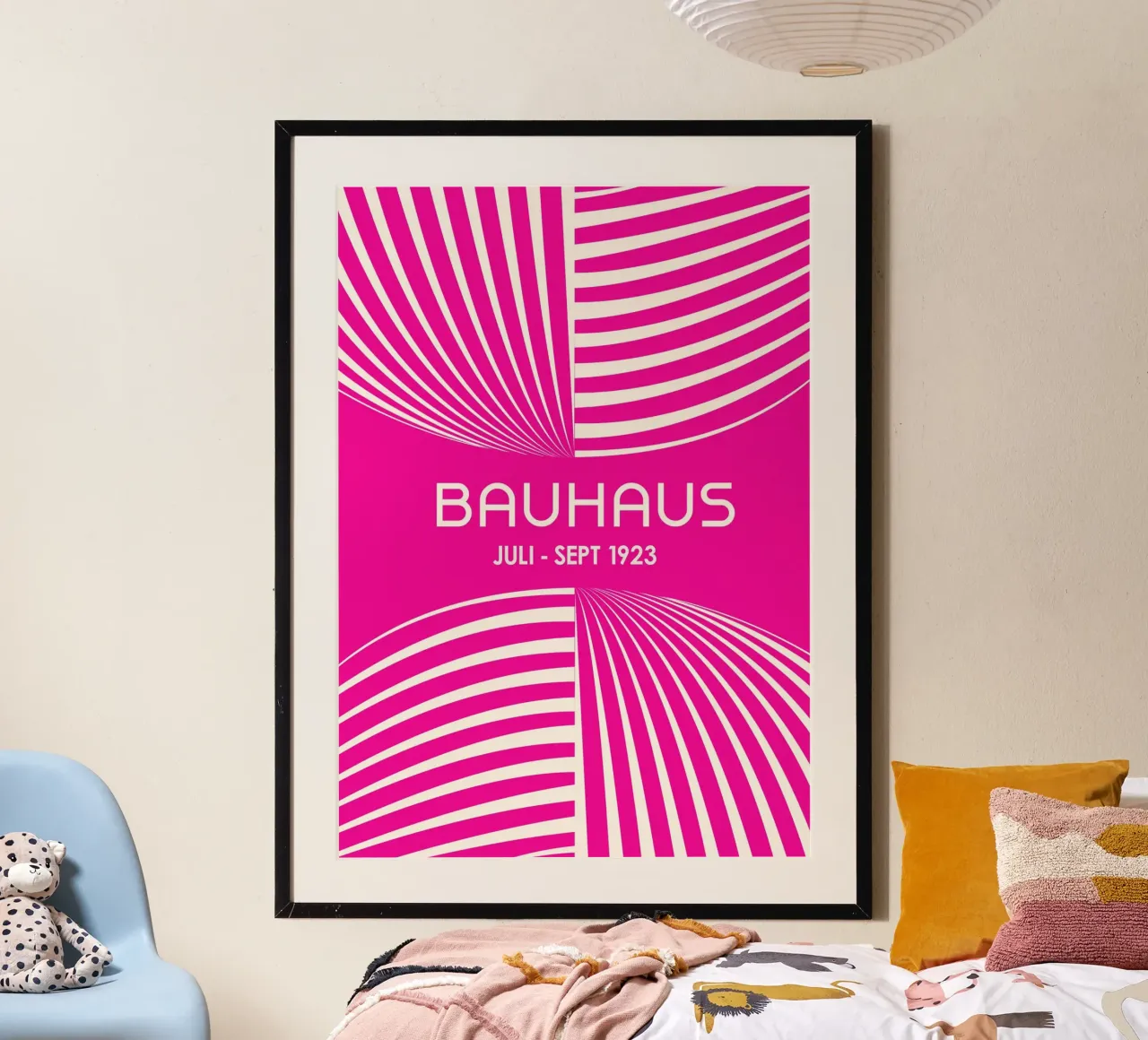 Bauhaus Op Art Print | Strisce geometriche bianche e rosa caldo Po poster da Grungeo