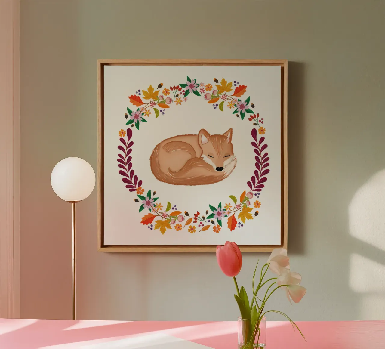 Herbstkranz mit schlafendem Fuchs Leinwand von CalliLetters