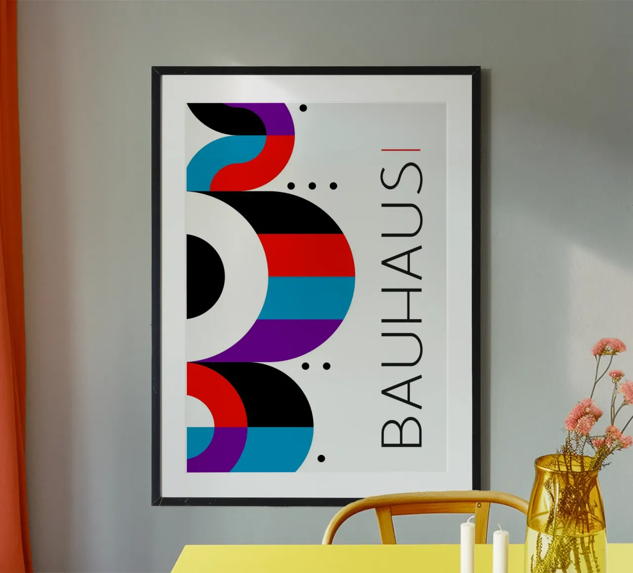 Bauhaus astratto cerchi rosso blu viola geometrico verticale carta hahnemühle da Grungeo