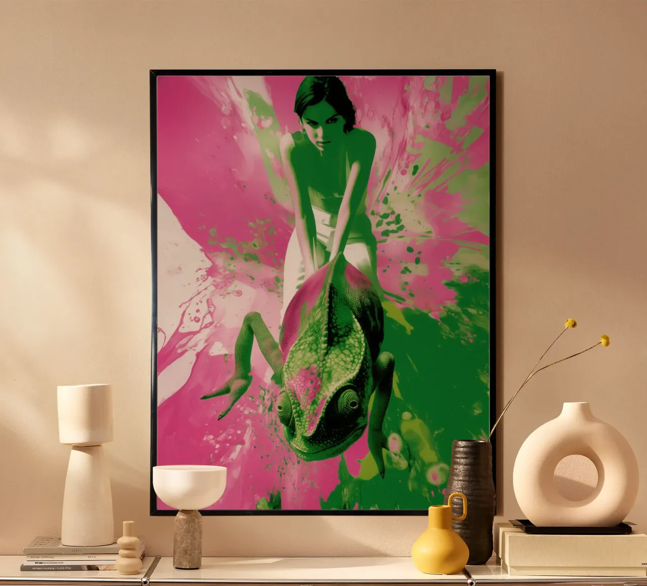 Donna camaleonte | Action Painting in rosa e verde carta hahnemühle da Autofocus