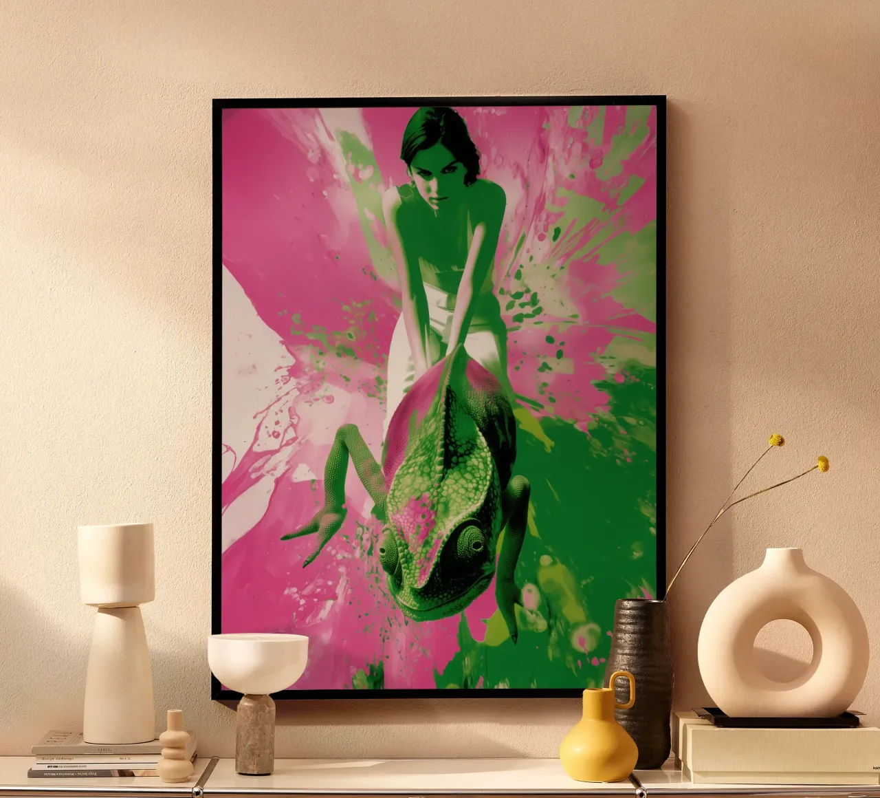 Donna camaleonte | Action Painting in rosa e verde carta hahnemühle da Autofocus