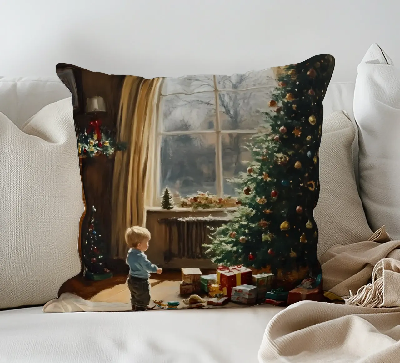 Bambino davanti all'albero di Natale cuscino da Christmas Vibes 2025