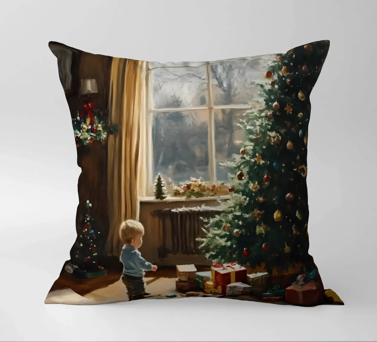 Bambino davanti all'albero di Natale cuscino da Christmas Vibes 2025