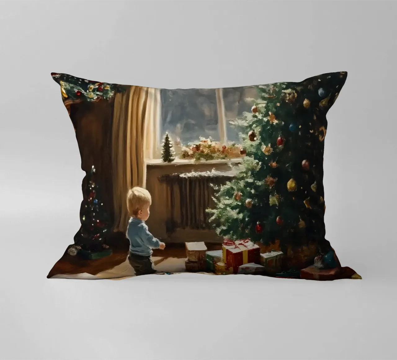 Bambino davanti all'albero di Natale cuscino da Christmas Vibes 2025