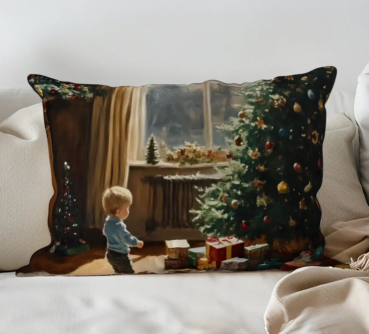 Bambino davanti all'albero di Natale cuscino da Christmas Vibes 2025