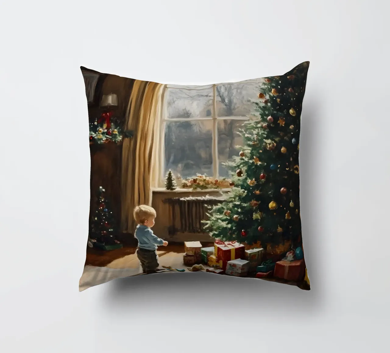 Bambino davanti all'albero di Natale cuscino da Christmas Vibes 2025